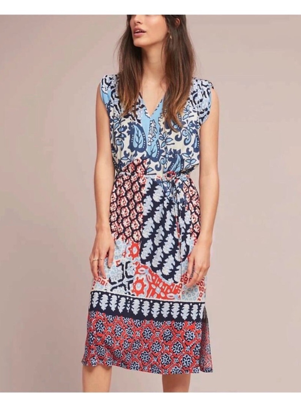 Anthropologie Porridge Sleeveless Patchwork Wrap Midi Dress in Blue and Red